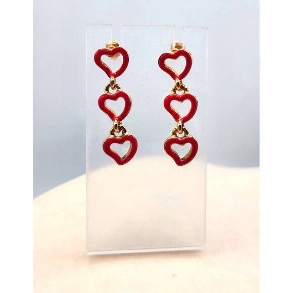 Red Enamel Triple Heart Dangle Earrings With Gold Tone Accent - Picture 2 of 2